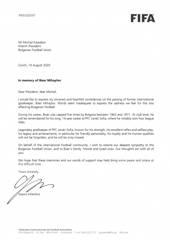 Президентът на ФИФА Джани Инфантино със съболезнователен адрес по повод кончината на Бисер Михайлов